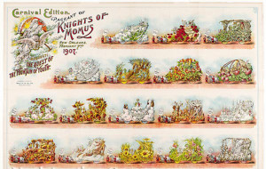Chromolithographed parade bulletins illustrate the floats popular around the turn of the 20th century. A 1907 example from the Knights of Momus titled ‘The Quest for the Fountain of Youth’ brought $956 at auction. Courtesy Neal Auction Co.